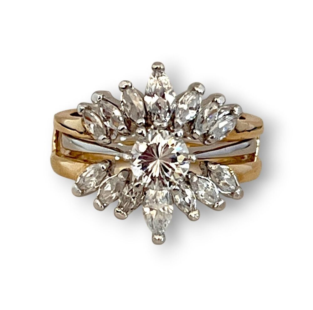 Vintage 1970s Ring Size 9 CZ Marquise Wedding Set Gold Tone - 14R